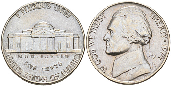 США 5 ЦЕНТОВ 1974 ДЖЕФФЕРСОН KM A192 медно-никель 190-121