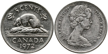 Канада 5 центов 1972 бобр, Елизавета II (1952-) KM 60.1 никель 4543-632
