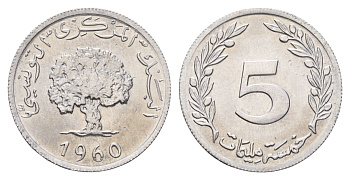 Тунис 5 миллимов 1960 пробковый дуб KM 282 алюминий UNC 4662-636