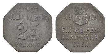 Мюльхайм-на-Руре 25 пфеннигов 1917 Funck 344.1, Men05 17152.1, Men18 21517.1 цинк 4643-913