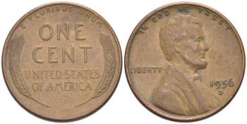 США 1 ЦЕНТ 1956 D, ЛИНКОЛЬН KM А132 медь цинк 218-311
