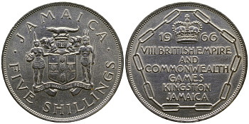 Ямайка 5 шиллингов 1966 VIII КОММЕМОРАТИВНЫЕ ИГРЫ СТРАН БРИТАНСКОГО СОДРУЖЕСТВА KM 40 медно-никель аUNC 4044-924