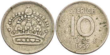 Швеция 10 эре 1952 Густав VI Адольф (1950-1973) KM 823 серебро 4585-351