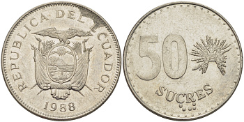 ЭКВАДОР 50 СУКРЕ 1988 KM 93 сталь плакированная никелем 82-912