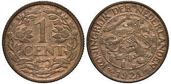 Нидерланды 1 цент 1924 Вильгельмина (1890-1948), редкий год KM 152 бронза 443-524