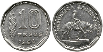 Аргентина 10 песо 1963 Гаучо KM 60 никелированная сталь 4525-943