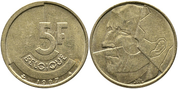 БЕЛЬГИЯ 5 ФРАНКОВ 1987 BELGIQUE KM 163 латунь или алюминиевая бронза 65-1151