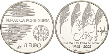 Португалия 8 евро 2005 60 лет окончания 2-ой мировой войне KM 773а серебро PROOF 11-077-12