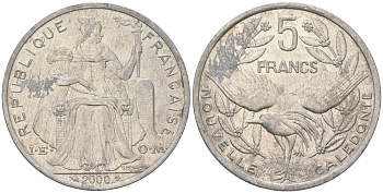 Французская Новая Каледония 5 франков 2000 птица кагу, (IEOM) KM 16, Schoen 12, Lec 81e алюминий 189-246
