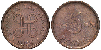 ФИНЛЯНДИЯ 5 ПЕННИ 1966 KM 45 медь 3334-1048