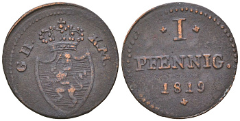 Гессен-Дармштадт 1 пфенниг 1819 G H K M, Людвиг I (1816-1830) KM 283 медь 4615-315
