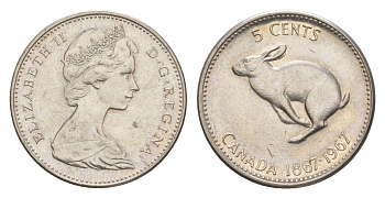 Канада 5 центов 1967 100 лет Конфедерации Канада KM 66 никель 4158-652