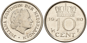 Нидерланды 10 центов 1980 Юлиана (1949-1980) KM 182 никель    4598-344