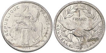 Французская Новая Каледония 1 франк 2014 птица кагу, (IEOM) KM 10, Schoen 10 алюминий 33-357