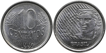 Бразилия 10 сентаво 1997 голова свободы KM 633 нержавеющая сталь UNC 181-256