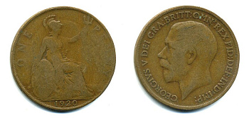 Великобритания 1 пенни 1920 Георг V (1910-1936) KM 810, Spink 4051 бронза 41-333