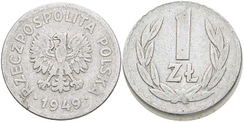 ПОЛЬША 1 ЗЛОТЫЙ 1949 KM 45a алюминий 212-853