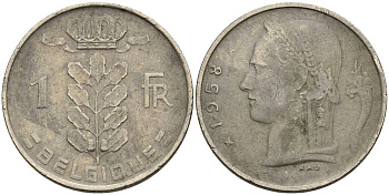 БЕЛЬГИЯ 1 ФРАНК 1958 BELGIQUE KM 142.1 медно-никель 4546-443