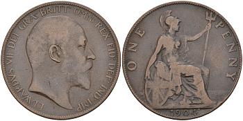 Великобритания 1 пенни 1904 Эдуард VII (1901-1910) KM 794.2, Sp 3990 бронза 4117-726