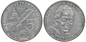 Франция 5 франков 1994 300 лет со дня рождения Вольтера KM 1063, Le Franc 344.2 медно-никель плакированный никелем 91-533