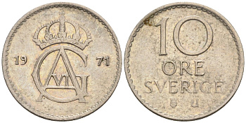 Швеция 10 эре 1971 Густав VI Адольф (1950-1973) KM 835 медно-никель 4585-412