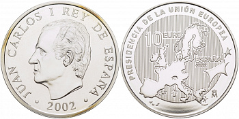 Испания 10 евро 2002 Председательство Испании в Евросоюзе, карта KM 1048 серебро PROOF 11-112-21