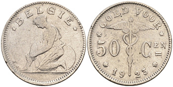 Бельгия 50 сантимов 1923 BELGIE, Альберт I KM 88 никель 4594-357