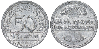 Германия 50 пфеннигов 1921 A KM 27, J. 301 алюминий 4114-151