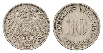 Германия 10 пфеннигов 1912 F, Вильгельм II (1888-1918) KM 12, J. 13 медно-никель 4636-1013