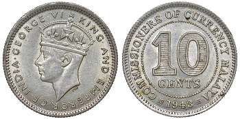Британская Малайя 10 центов 1943 Георг VI (1937-1952) KM 4a серебро 53-243