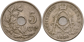 Бельгия 5 сантимов 1920 Король Альберт I (1910 - 1934) KM 67 медно-никель 39-1142