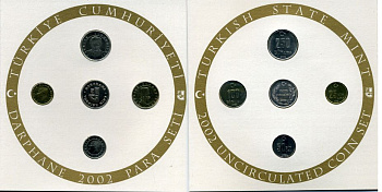 Турция официальный набор из 4 монет + жетон 2002 25000, 50000, 100000 и 250000 лир, буклет  медно-никель  UNC 7-3-1-14