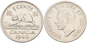 Канада 5 центов 1940 бобр, Георг VI (1937-1952) KM 33 никель 4575-1155