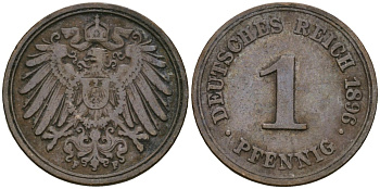 Германия 1 пфенниг 1896 F, Вильгельм II (1888-1918) KM 10, J. 10 медь 4608-213