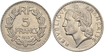 Франция 5 франков 1933 KM 888 никель 4144-344