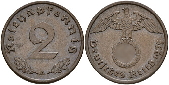 Германия 2 рейхспфеннига 1939 A KM 90, J. 362 бронза 4151-127