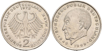ФРГ 2 марки 1972 J, Конрад Аденауэр J 406, KM 124 медно-никель плакированный никелем 4126-545