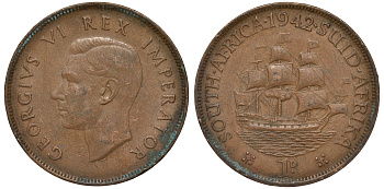 Южная Африка 1 цент 1942 Георг VI KM 25 бронза 4162-713
