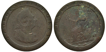 Великобритания 1 пенни 1797 Георг III (1760-1820) KM 618, Spink 3777 медь 1524-315