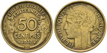 Франция 50 сантимов 1932 KM 894.1, Le Franc 192.15 алюминиевая бронза 4596-757