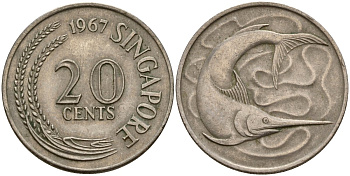 Сингапур 20 центов 1967 голубой марлин, тунец KM 4 медно-никель 4156-447