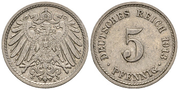 Германия 5 пфеннигов 1913 A, KM 11, J. 12 медно-никель 220-711