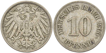 ГЕРМАНИЯ 10 ПФЕННИГОВ 1900 E KM 12, J. 13 медно-никель 4401-1215