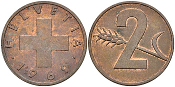 Швейцария 2 раппена 1969 KM 47 бронза 4523-1147