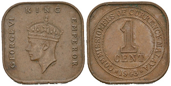 Британская Малайя 1 цент 1943 Георг VI (1936-1952) KM 6 бронза 4579-811