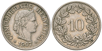 Швейцария 10 раппенов 1907 B KM 27 медно-никель 4164-1024
