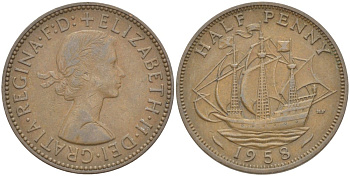 Великобритания 1/2 пенни 1958 Елизавета II (1952-2022) KM 896, Spink 4158 бронза 117-821
