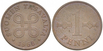 ФИНЛЯНДИЯ 1 ПЕННИ 1968 КМ 44 медь 3309-258