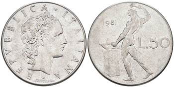 Италия 50 лир 1981 R, Бог огня Вулкан у наковальни KM 95.1 нержавеющая сталь 4529-333