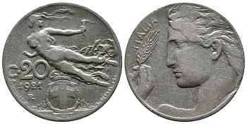 Италия 20 чентезимо 1921 R, Виктор Эммануил III (1900-1946) KM 44 никель 4622-345